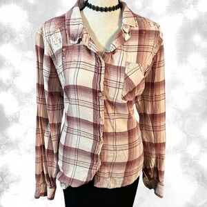 Mudd Pink and White Plaid Long Sleeve Button Up Top